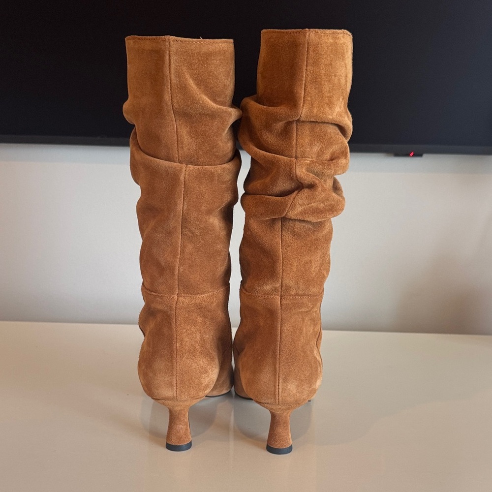 Slouchy Suede Mid-Calf Heeled Boots in Camel Brown - Picture 4 of 8